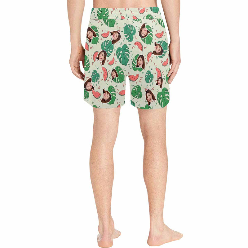 Custom Face Swim Shorts Swim Trunks Personalized Green Leaves Face Swim Trunks