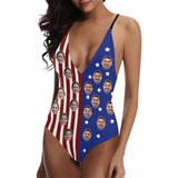 Custom Face Flag Lover Swimsuits Personalized Women's Lacing Backless One-Piece Bathing Suit Celebrate Holiday