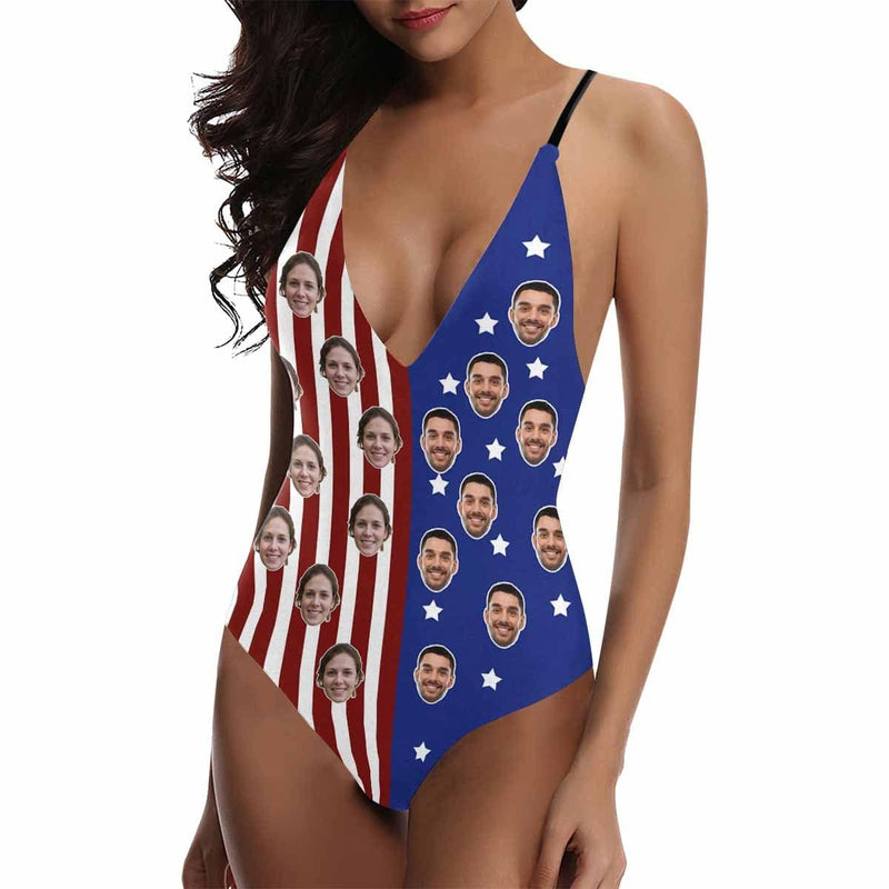 Custom Face Flag Lover Swimsuits Personalized Women's Lacing Backless One-Piece Bathing Suit Celebrate Holiday