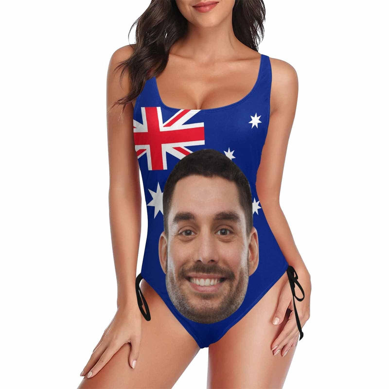 Custom Face Australia Flag Swimsuit Personalized Women's New Drawstring Side One Piece Bathing Suit Celebrate Holiday Party