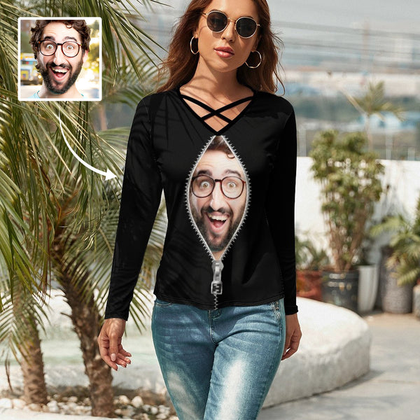 Custom Boyfriend Face Ziper Women's T-Shirt Personalized Ladies V Neck Long Sleeve T-Shirt