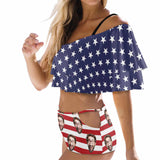 Custom Face Stars Red Stripe Women's Two-Piece Off Shoulder or Sling 2 Ways to Wear Ruffle Bikini Set