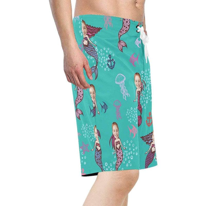 Custom Face Mermaid Personalized Photo Men's Beach Short-Drawstring Short