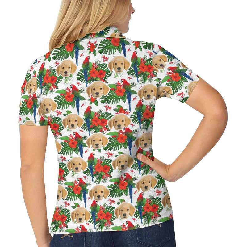 Custom Face Red Flowers Green Leaves Polo Shirt For Women, Personalized Photo Shirt, Customized Women's All Over Print Polo Shirt