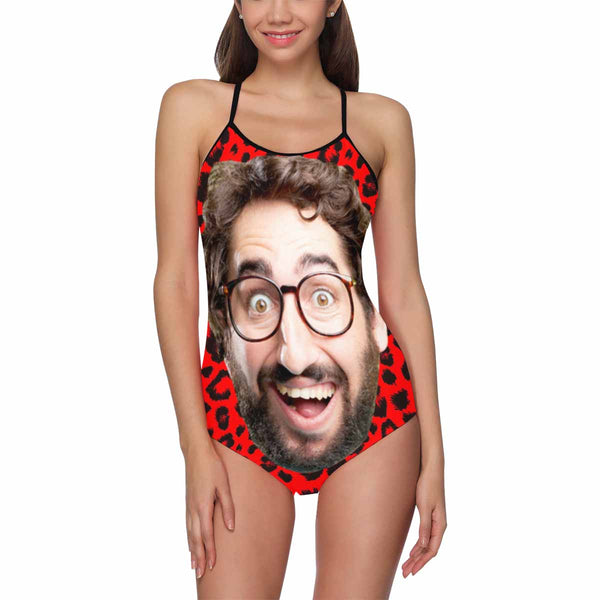 Custom Face Red Leopard Swimsuit Personalized Women's Slip One Piece Swimsuit