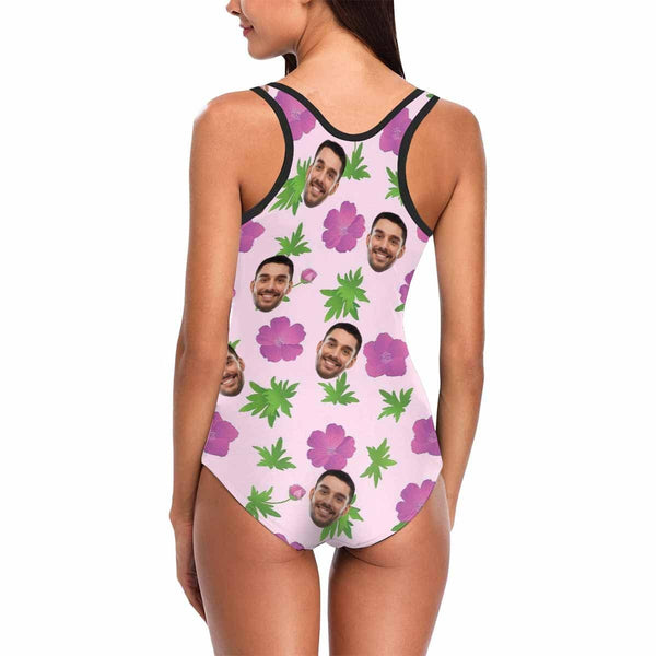 Custom Face Pink Flower Women's Tank Top Bathing Swimsuit