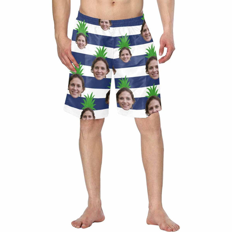 Custom Face Pineapple Blue Stripes Men's Beach Shorts