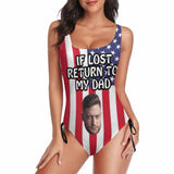 Custom Face&Text US Flag Swimsuits Personalized Women's New Drawstring Side One Piece Bathing Suit Celebrate Holiday Party