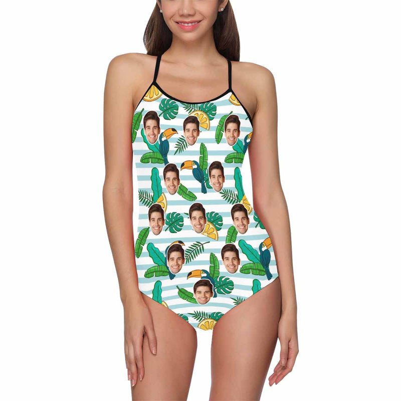 Custom Face Green Leaves And Orange Swimsuit Personalized Women's Slip One Piece Swimsuit