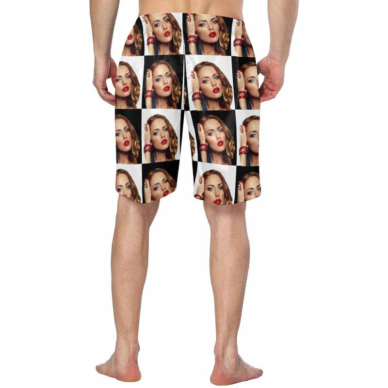 Custom Girlfriend Face Black & White Gird Men's Beach Shorts