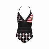 Plus Size Swimsuit-Custom Face USA Flag Black Swimsuits Personalized New Strap One Piece Bathing Suit For Women