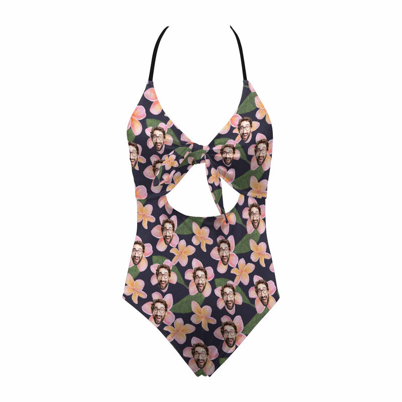 Custom Face In Flowers Bow Swimsuit Personalized Women's Backless Bow One Piece Bathing Suit