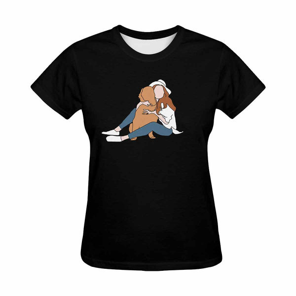 Custom Portrait Outline Shirt, Line Art Photo Shirt For Female, Custom Women's All Over Print T-shirt, Photo Outline Outfit With Pet Black