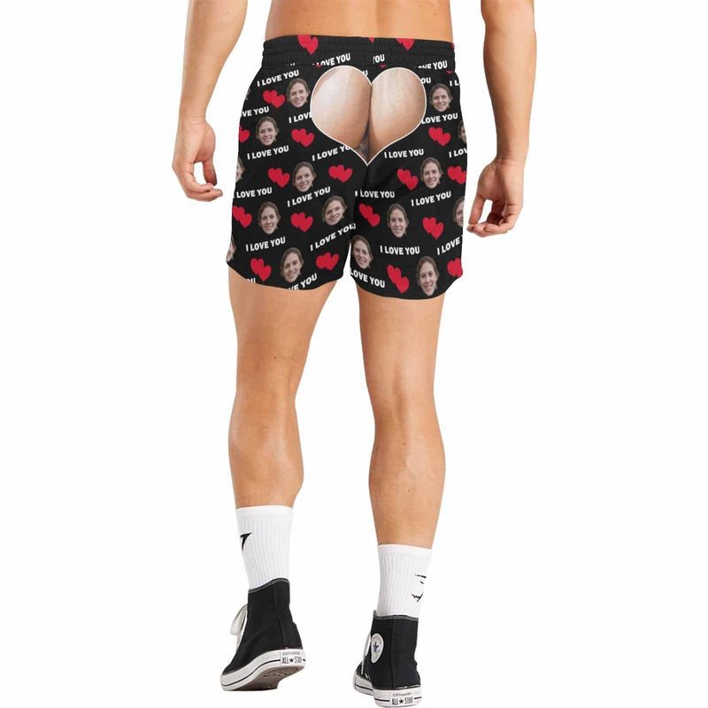 Custom Face Double Red Love You Men's Quick Dry Swim Shorts, Personalized Funny Swim Trunks