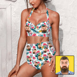 Custom Face Flowers Print White Strap Two-piece Bikini Swimsuit