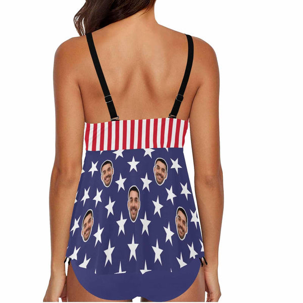 Custom Face Flag Swimsuit Personalized Womens Bathing Suit Chest Drawstring Swim Dress 2 Piece Tankini