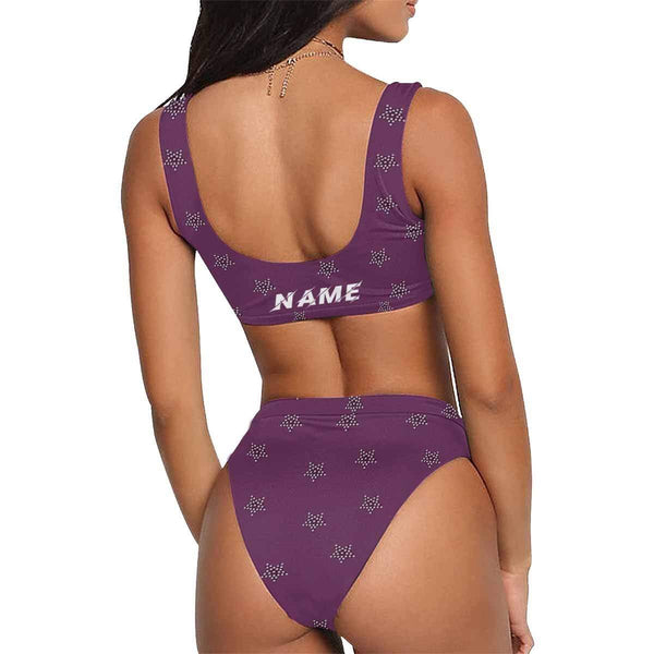 Custom Name Stars Purple Bikini Personalized Sport Top & High-Waisted Swimsuit Pool Party