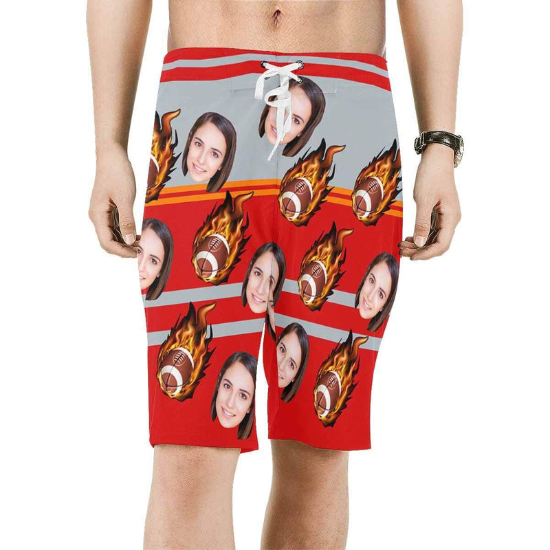 Custom Face Football Fire Personalized Photo Men's Beach Short-Drawstring Short