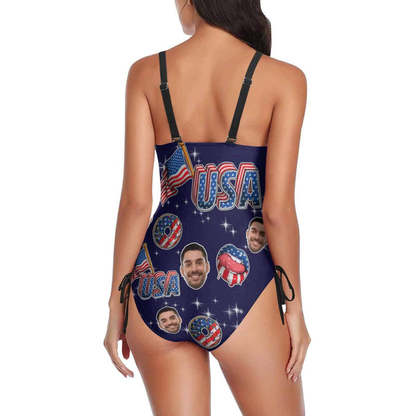 Custom Face USA Flag Swimsuit Personalized Women's New Drawstring Side One-Piece Bathing Suit Celebrate Holiday Party