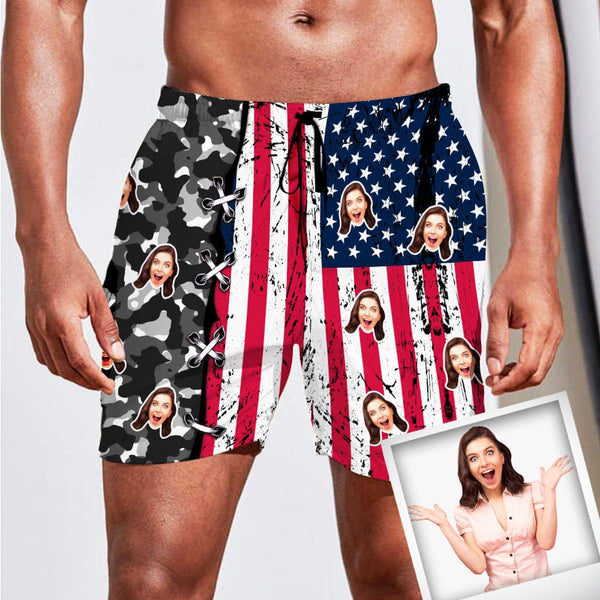 Custom Face American Flag Black Men's Quick-drying Beach Shorts