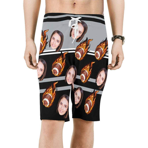 Custom Face Football Fire Personalized Photo Men's Beach Shorts Drawstring Shorts