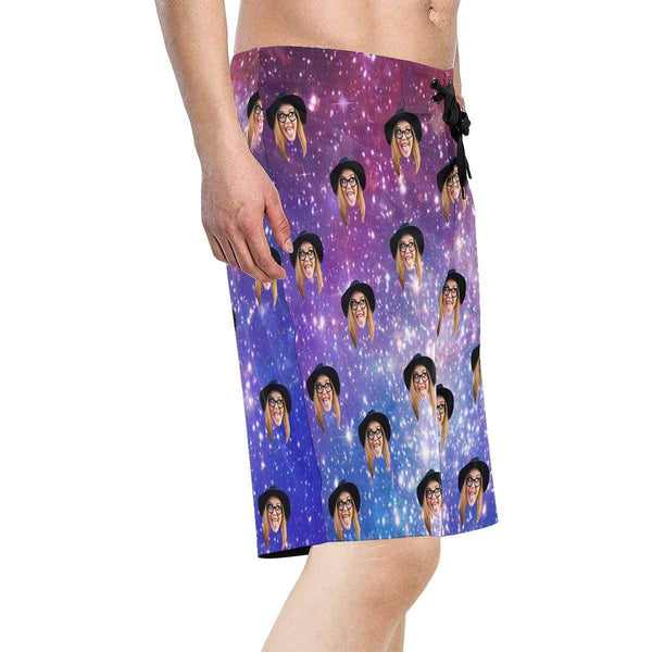 Custom Face Galaxy Personalized Photo Men's Beach Shorts Drawstring Shorts