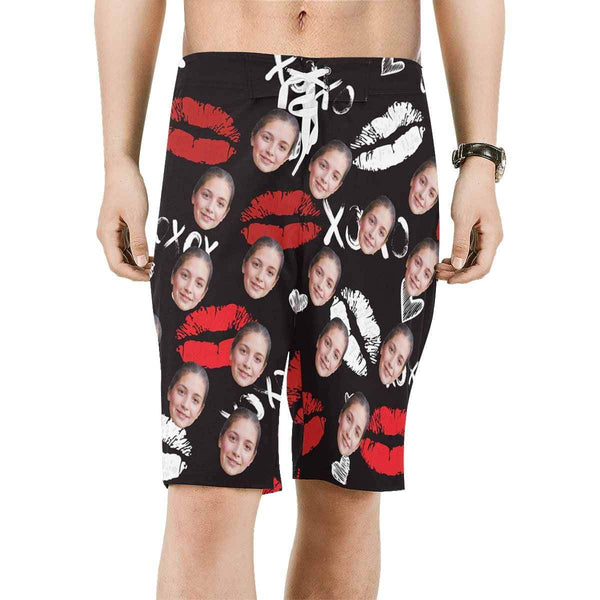 Custom Girlfriend Face Red Lips Personalized Photo Men's Beach Shorts Drawstring Shorts