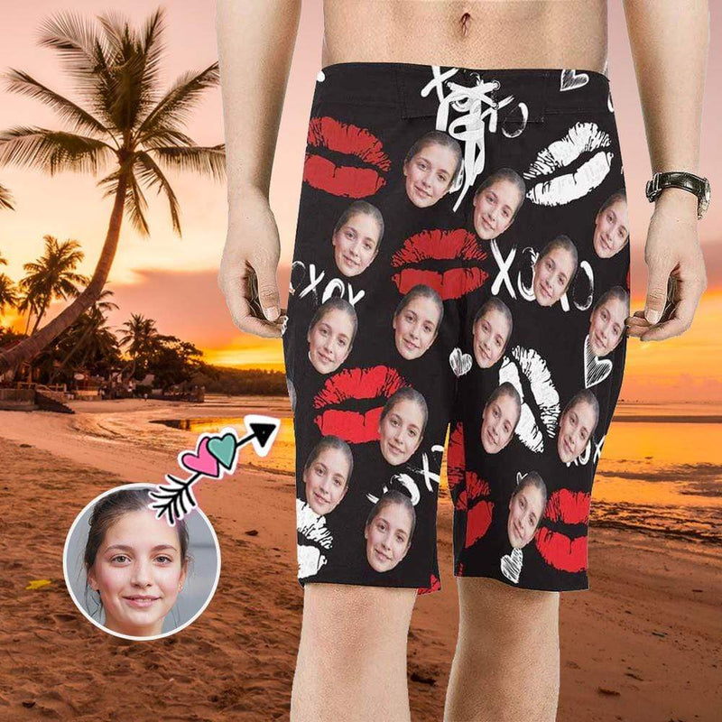 Custom Girlfriend Face Red Lips Personalized Photo Men's Beach Shorts Drawstring Shorts