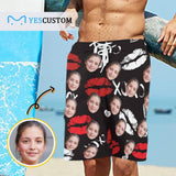 Custom Girlfriend Face Red Lips Personalized Photo Men's Beach Shorts Drawstring Shorts