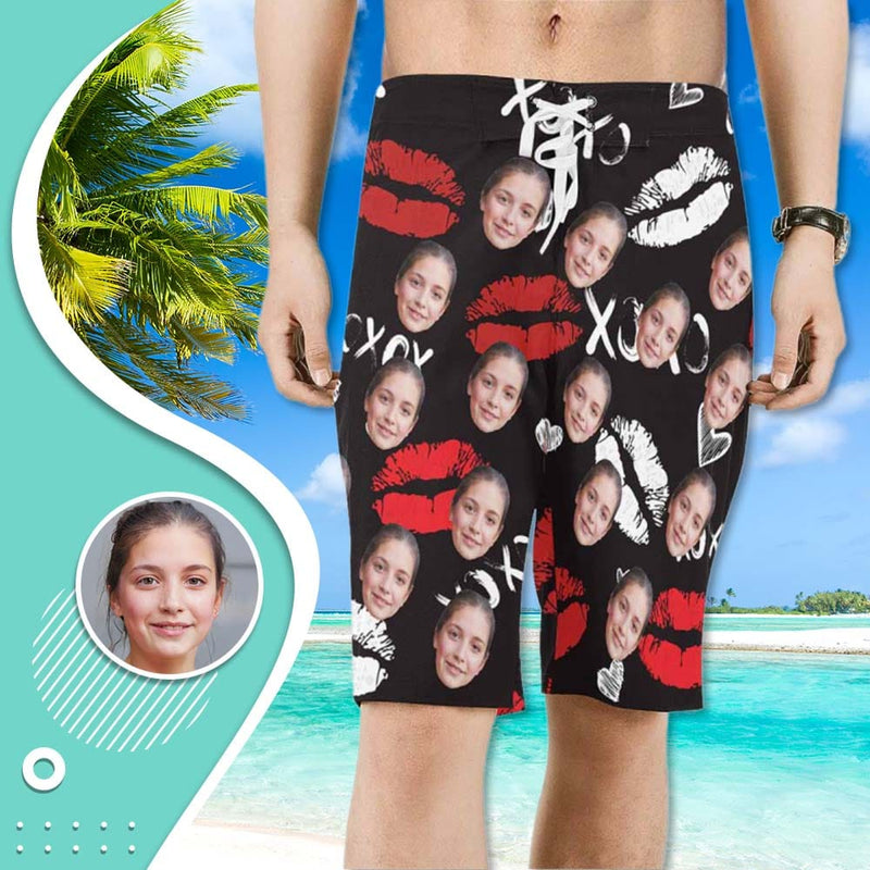 Custom Girlfriend Face Red Lips Personalized Photo Men's Beach Shorts Drawstring Shorts