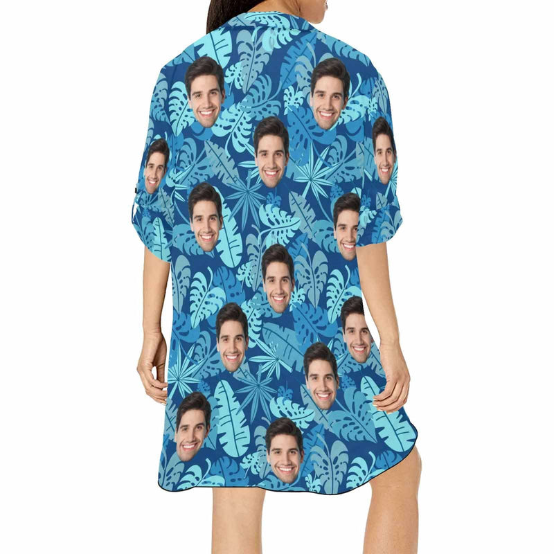 Custom Face Blue Leaf Women's Kimono Chiffon Cover Up Personalized Beach Wrap Cover Up Dress