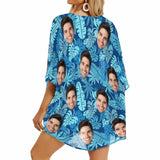 Custom Face Blue Leaf Women's Kimono Chiffon Cover Up Personalized Beach Wrap Cover Up Dress