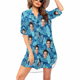 Custom Face Blue Leaf Women's Kimono Chiffon Cover Up Personalized Beach Wrap Cover Up Dress