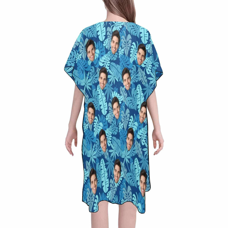 Custom Face Blue Leaf Women's Kimono Chiffon Cover Up Personalized Beach Wrap Cover Up Dress