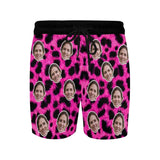 Custom Face Pink Leopard Men's Quick Dry Swim Shorts, Personalized Funny Swim Trunks