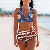 Custom Face American Flag Halterneck String Bikini Personalized High Waist Two-piece Bikini Swimsuit