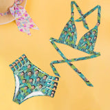 Custom Face Green Leaves Halterneck String Bikini Personalized High Waist Two-piece Bikini Swimsuit