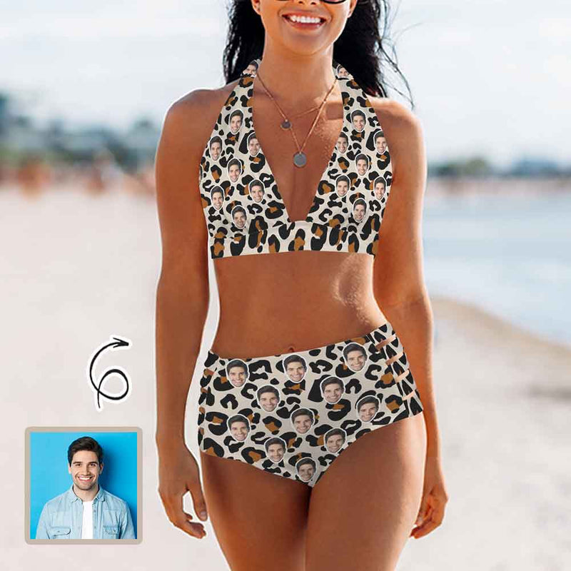 Custom Face Leopard Halterneck String Bikini Personalized High Waist Two-piece Bikini Swimsuit