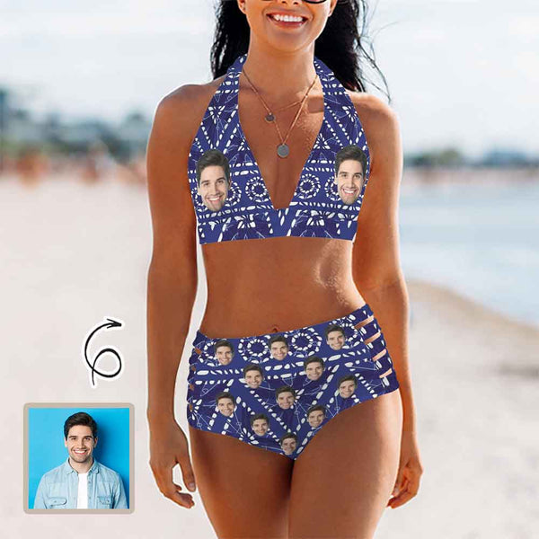 Custom Face Navy Blue Halterneck String Bikini Personalized High Waist Two-piece Bikini Swimsuit