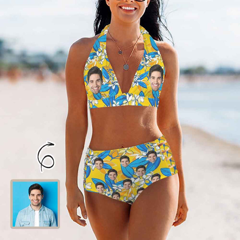 Custom Face Yellow&Blue Halterneck String Bikini Personalized High Waist Two-piece Bikini Swimsuit