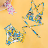 Custom Face Yellow&Blue Halterneck String Bikini Personalized High Waist Two-piece Bikini Swimsuit