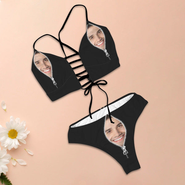 Custom Face Zip Black Tie Cutout Bikini Set Personalized Low Waisted Bikini Swimsuit Beach Outfits