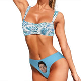 Custom Big Face Blue Leaves Bikini Personalized Women's Wide Shoulder Straps High Waist Bikini Set