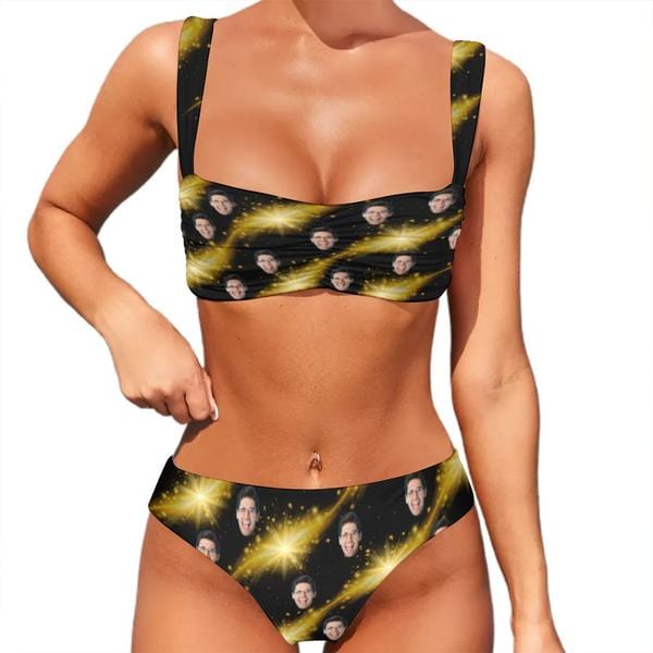 Custom Face Golden Shining Line Bikini Personalized Women's Wide Shoulder Straps High Waist Bikini Set