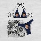 Custom Face Leaves Bikini Set For Women 3-Pieces Summer Swimsuit