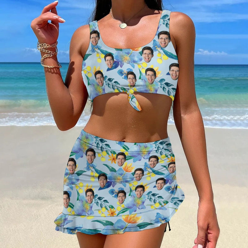 Custom Face Leaves Bikini Set Personalized Drawstring Chest Strap Bikini Skirt