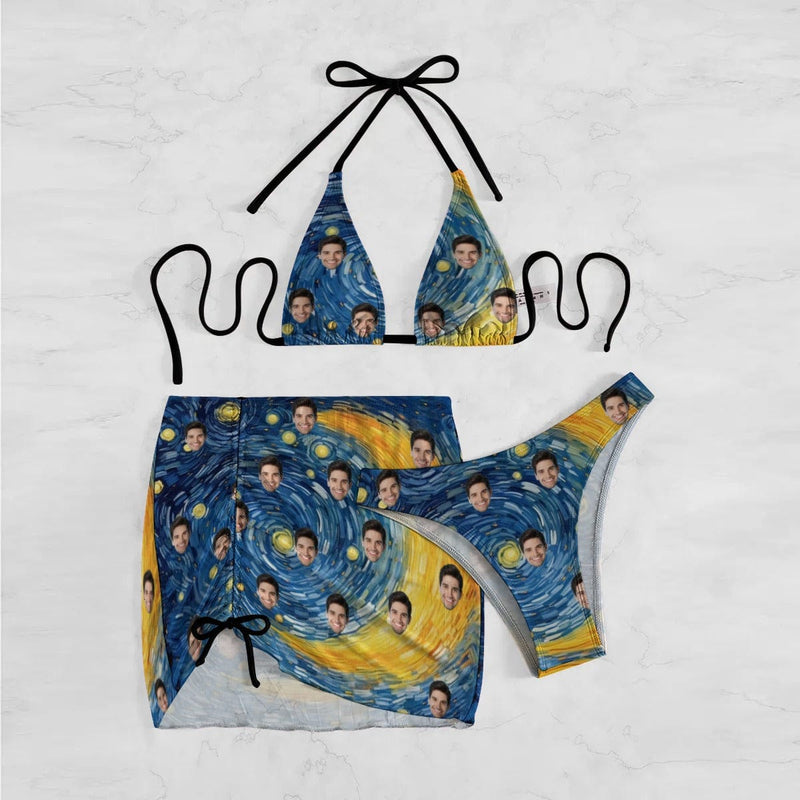 Custom Face Starry Sky Bikini Set For Women 3-Pieces Summer Swimsuit