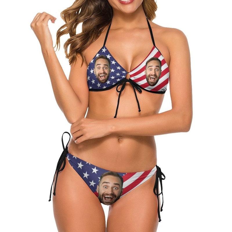 Custom Face American Flag Fashion Bikini Personalized Bathing Suit Women's Two Piece Swimsuit Summer Beach Pool Outfits