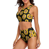 Custom Face Sunflower Cutout Top High Waisted Bikini Personalized Women's Two Piece Swimsuit