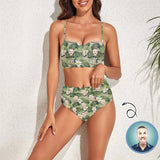 Custom Face Green Leaf And Flowers Two-piece Highe Waist Bikini Swimsuit